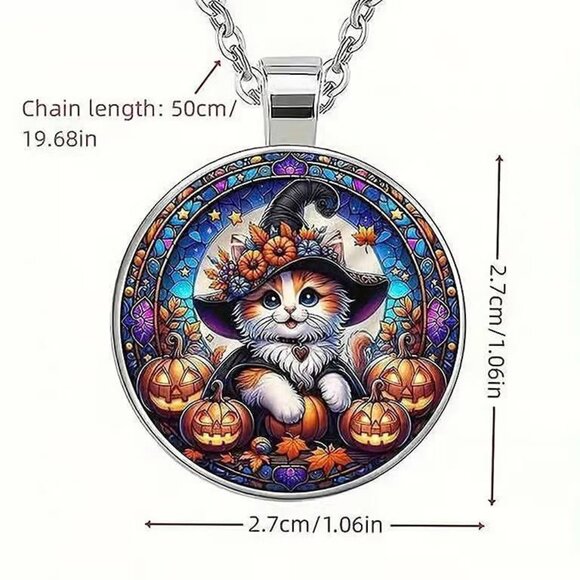 Silver HALLOWEEN CAT Glass Cabochon Pendant Necklace - Picture 3 of 3
